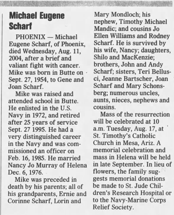 Obituary for Michael Eugene Scharf, 1954-2004